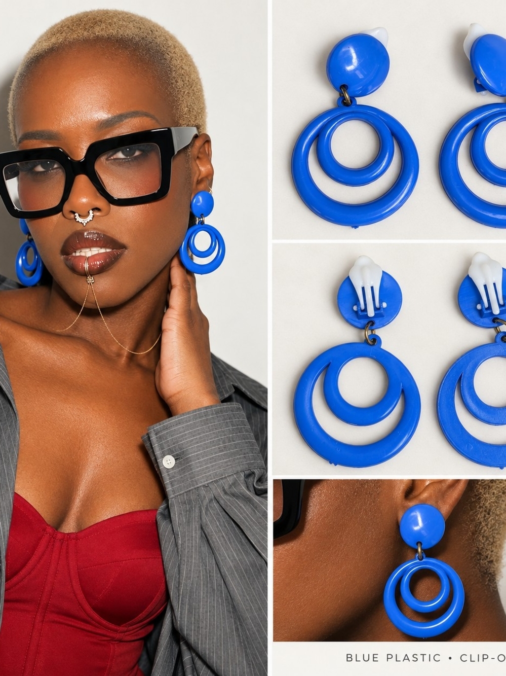 Cobalt Blue Plastic Double Hoop Clip-On Statement Earrings